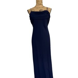 Vtg Long Paige NY Formal Dress Sz 12 Navy Blue Cowl Neckline Quiet Elegance USA